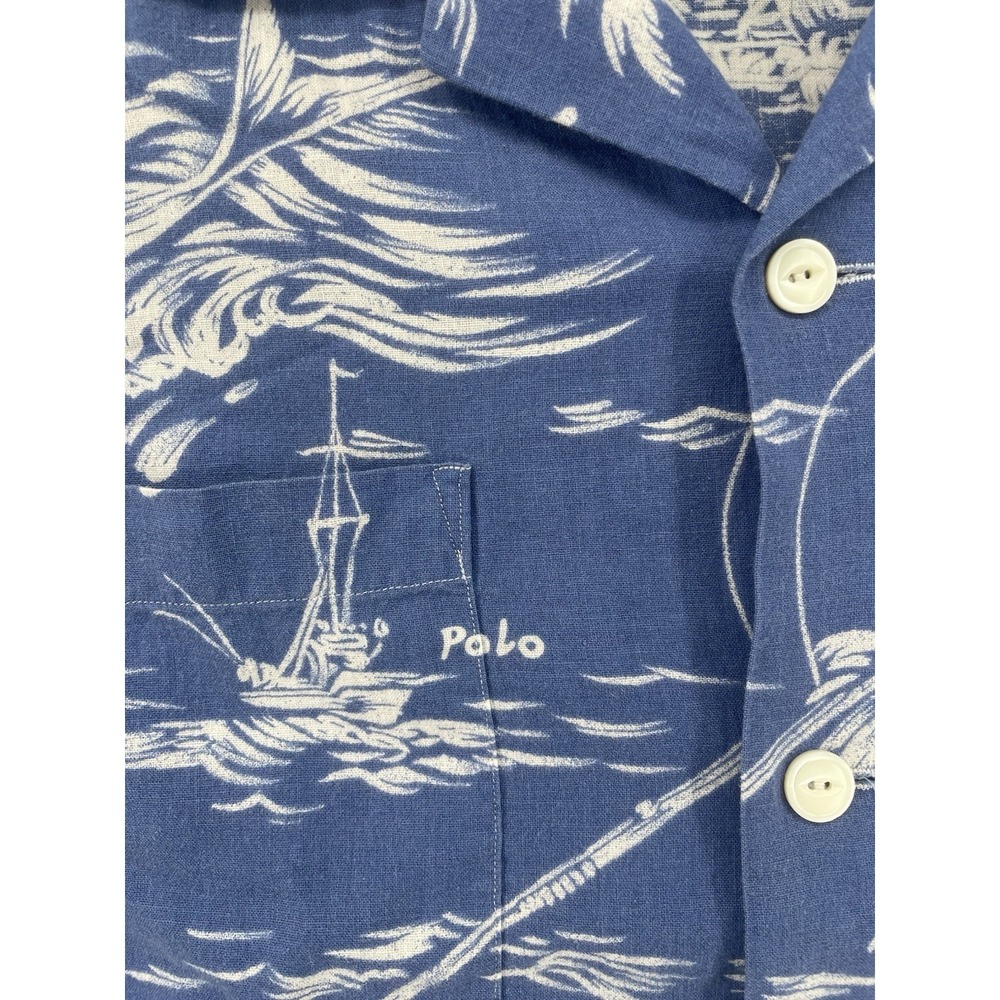 Polo Ralph Lauren Blue Hawaiian Shirt Men Medium Classic Fit Palm Floral Beach - Picture 4 of 8